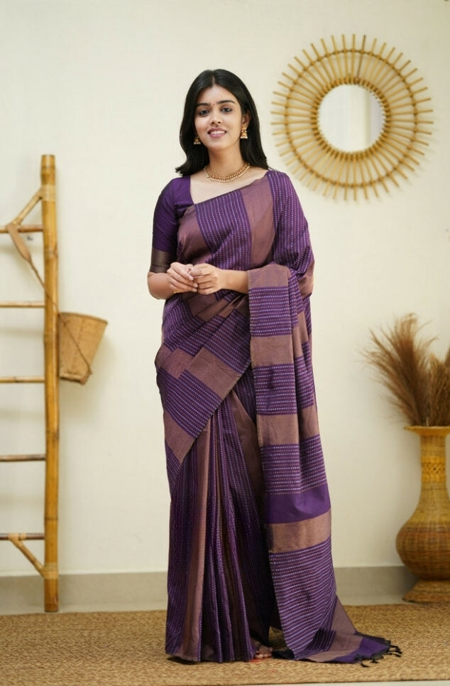 Women's Deep Purple Linen Silk Saree with Woven Striped Design & Designer Tassel Pallu