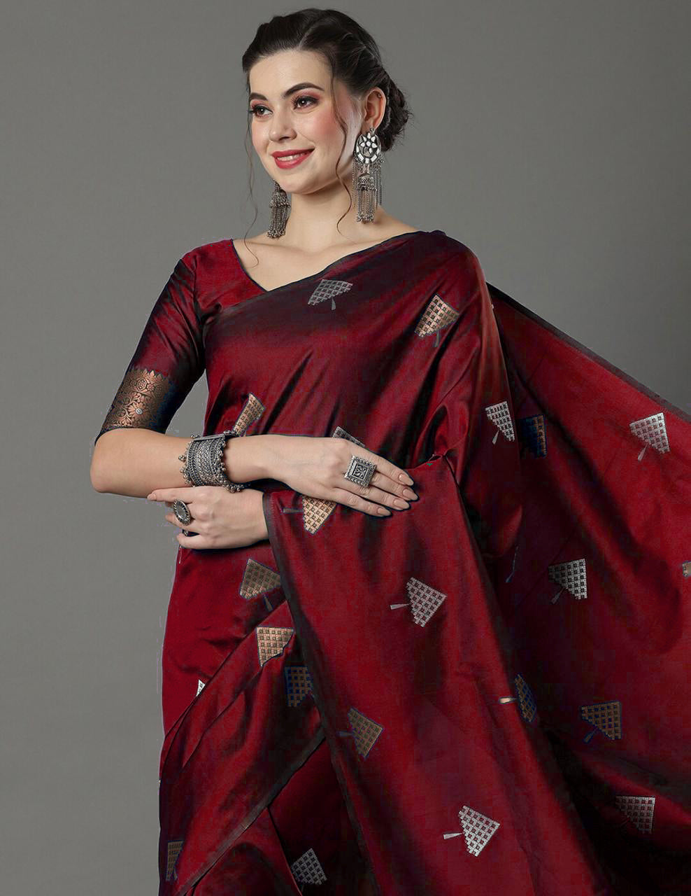 Elegant Maroon Silk Saree with Zari Motifs & Rich Designer Border