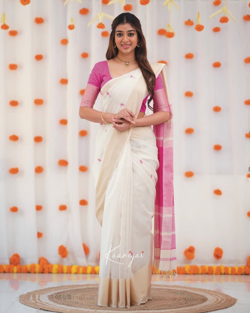 Women's White & Pink Border Saree