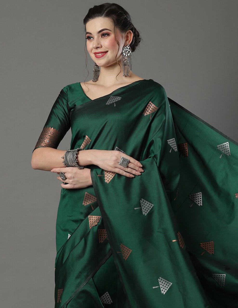 Royal  Bottle Green Saree with Elegant Zari Motifs & Rich Woven Border