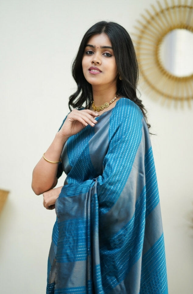 Women's Ocean Blue Linen Silk Saree with Woven Striped Design & Designer Tassel Pallu