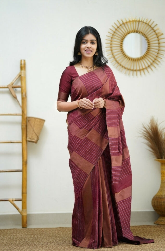 Women's Maroon Linen Silk Saree with Woven Striped Design & Designer Tassel Pallu
