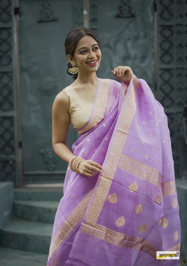 Women's Lavender Silk Saree with Golden Zari Border