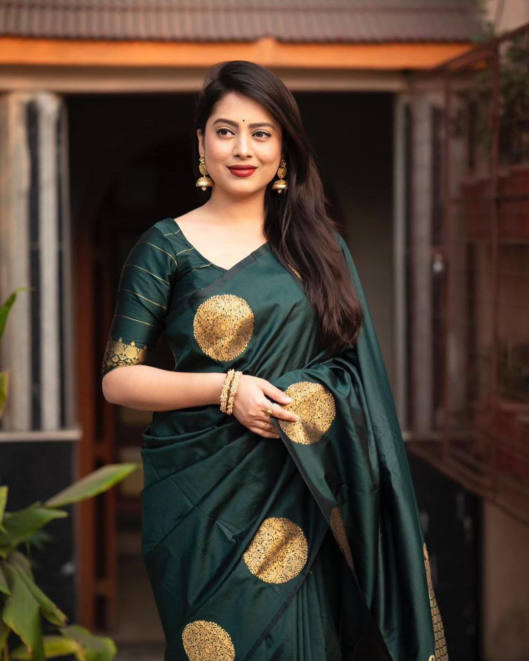 Elegant Bottle Green Silk Saree with Gold Polka Motifs & Rich Designer Pallu