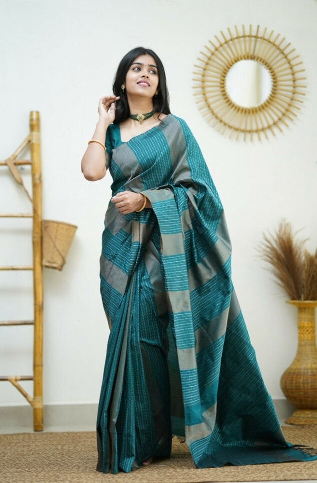 Women's Teal Green Linen Silk Saree with Woven Striped Design & Designer Tassel Pallu