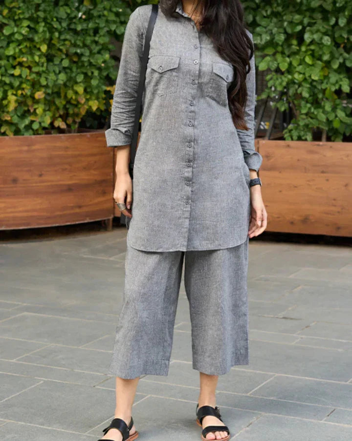 Women's Grey Cotton Linen Co-Ord Set | Shirt Style Kurta with Wide Leg Pants