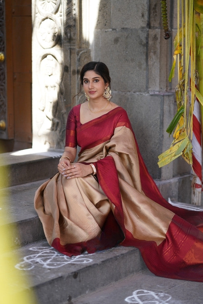 Beige Gold Banarasi Silk Saree with Maroon Contrast Border