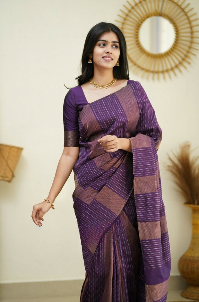 Women's Deep Purple Linen Silk Saree with Woven Striped Design & Designer Tassel Pallu
