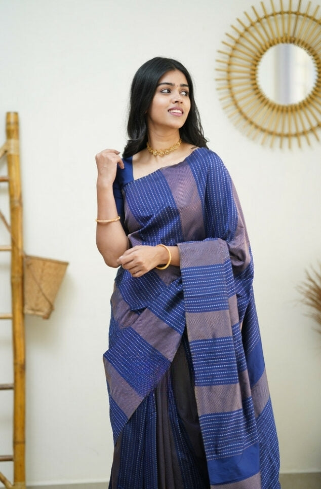 Women's Royal Blue Linen Silk Saree with Woven Striped Design & Designer Tassel Pallu
