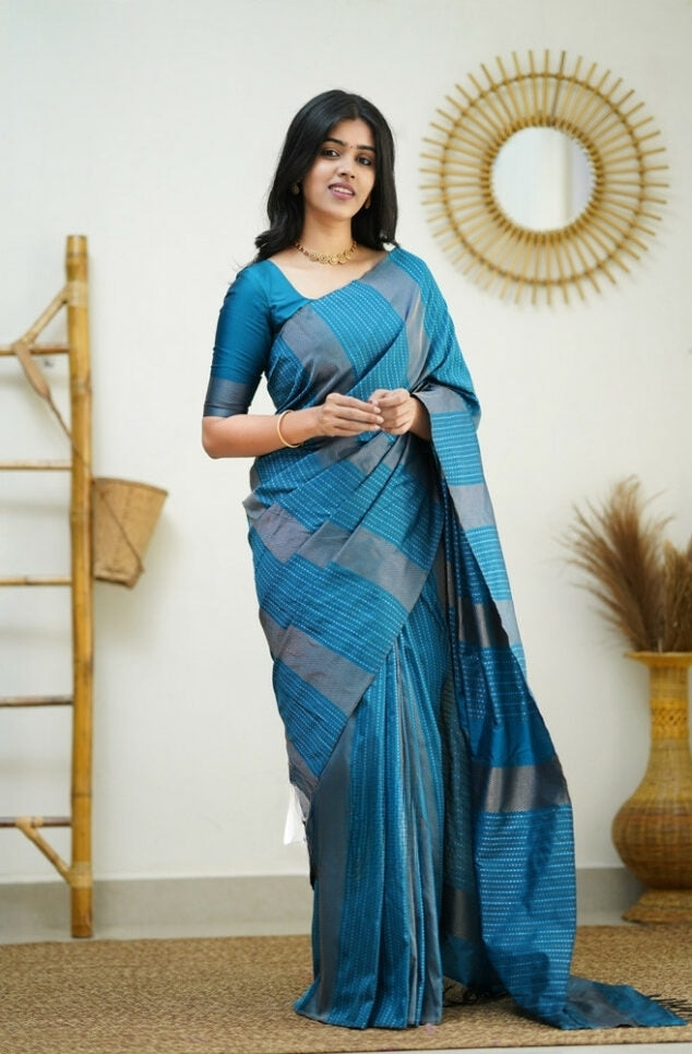 Women's Ocean Blue Linen Silk Saree with Woven Striped Design & Designer Tassel Pallu