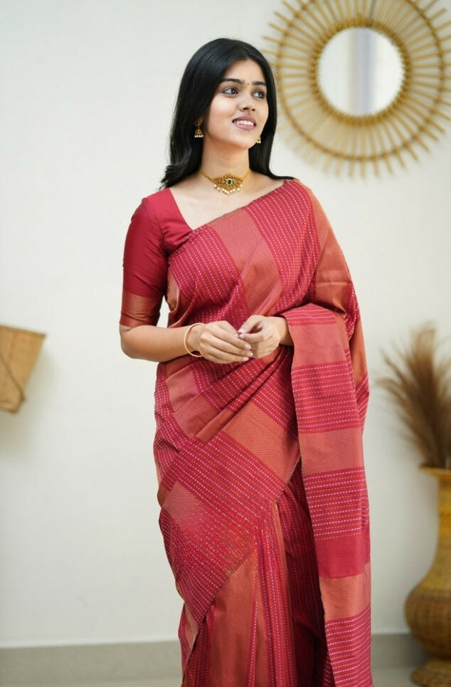Women's Rani Pink Linen Silk Saree with Woven Striped Design & Designer Tassel Pallu