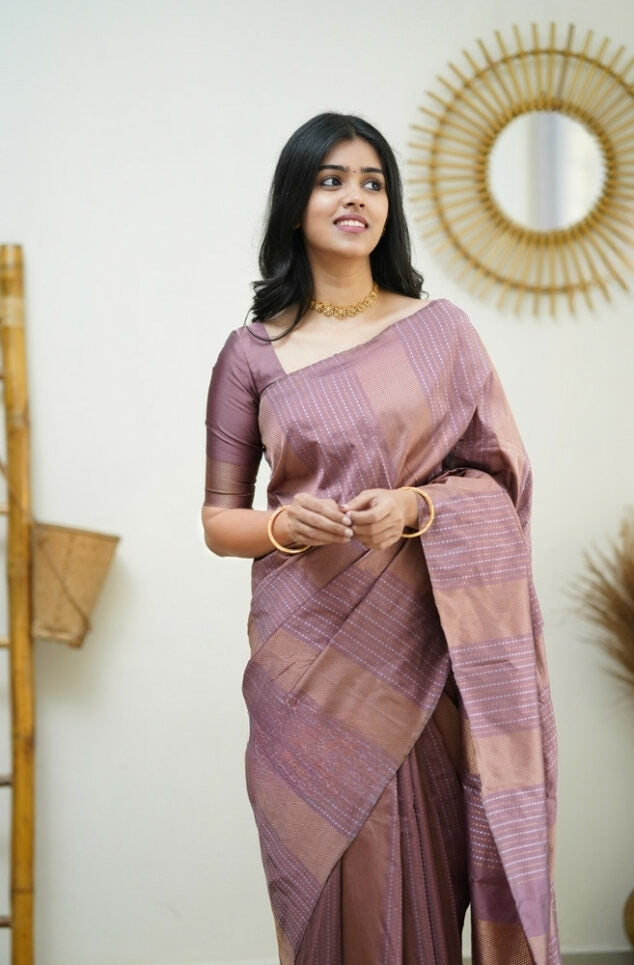 Women's Mauve Pink Linen Silk Saree with Woven Striped Design & Elegant Tassel Pallu