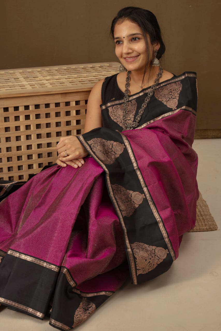 Magenta & Black Banarasi Silk Saree with Rich Zari Border