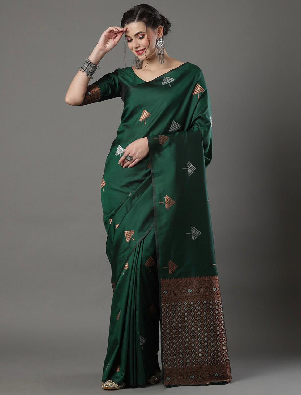 Royal  Bottle Green Saree with Elegant Zari Motifs & Rich Woven Border