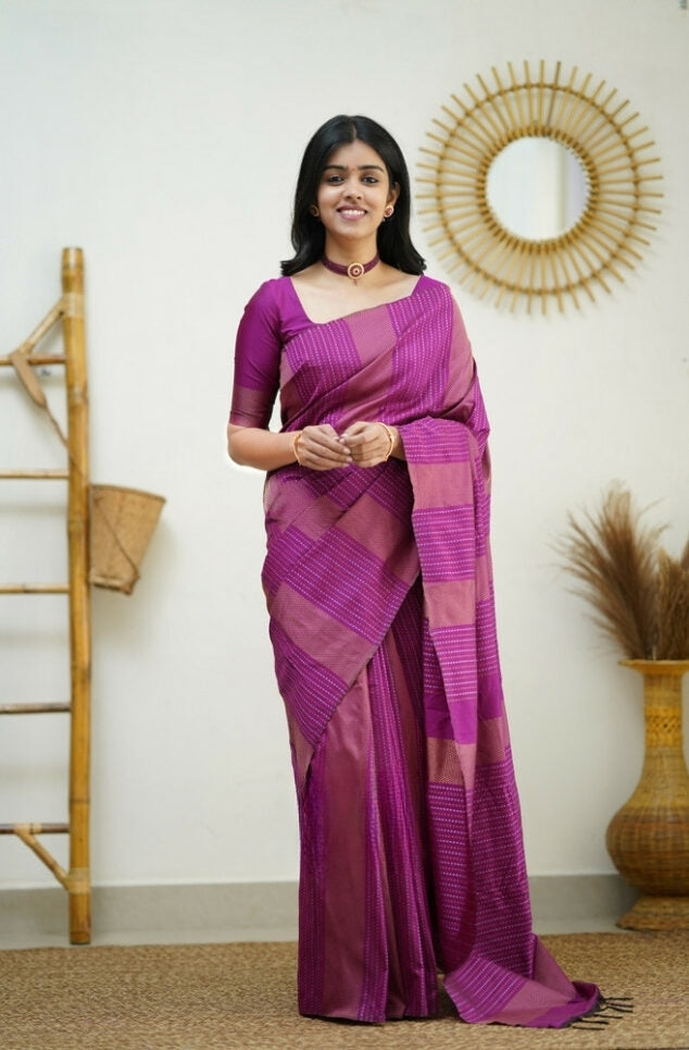 Women's Magenta Pink Linen Silk Saree with Woven Striped Design & Designer Tassel Pallu
