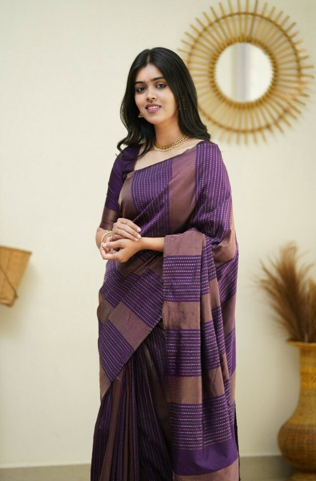 Women's Deep Purple Linen Silk Saree with Woven Striped Design & Designer Tassel Pallu