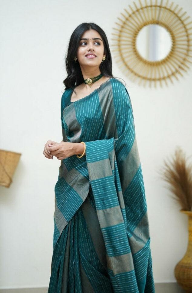 Women's Teal Green Linen Silk Saree with Woven Striped Design & Designer Tassel Pallu
