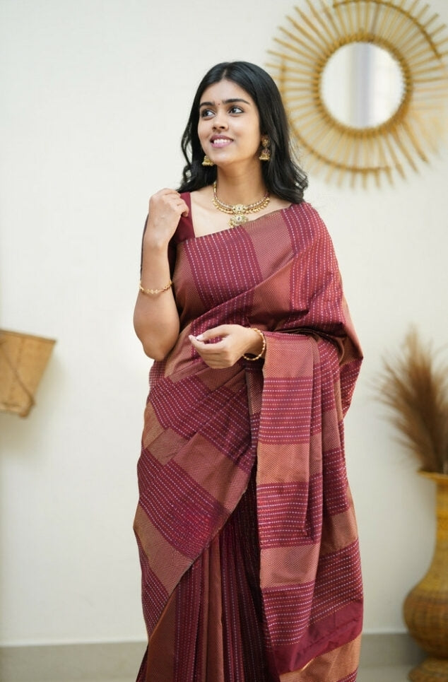 Women's Maroon Linen Silk Saree with Woven Striped Design & Designer Tassel Pallu