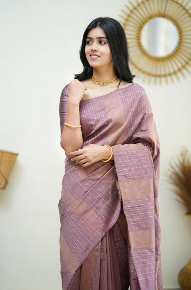 Women's Mauve Pink Linen Silk Saree with Woven Striped Design & Elegant Tassel Pallu