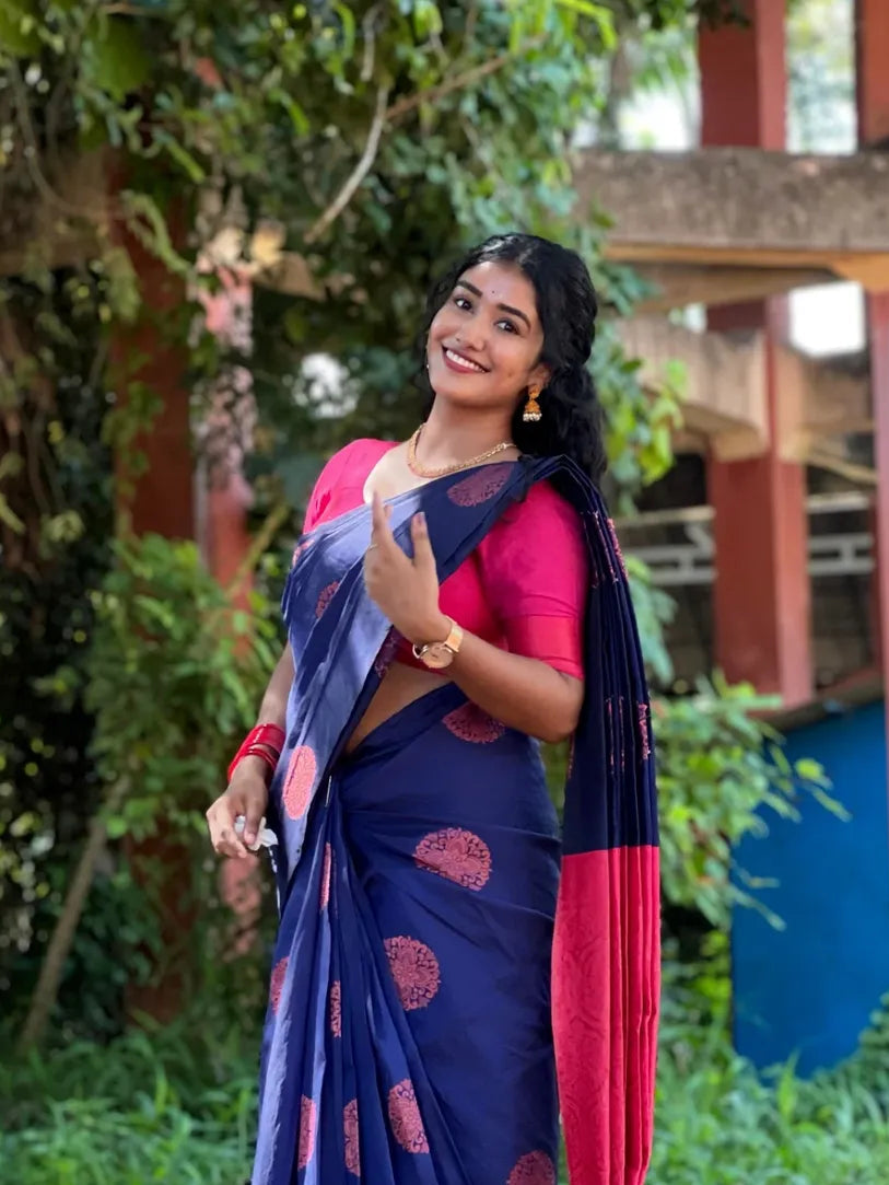 Women's Navy Blue Saree with Pink Floral Motifs & Contrast Pink Pallu