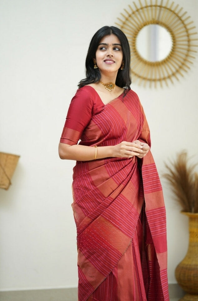 Women's Rani Pink Linen Silk Saree with Woven Striped Design & Designer Tassel Pallu