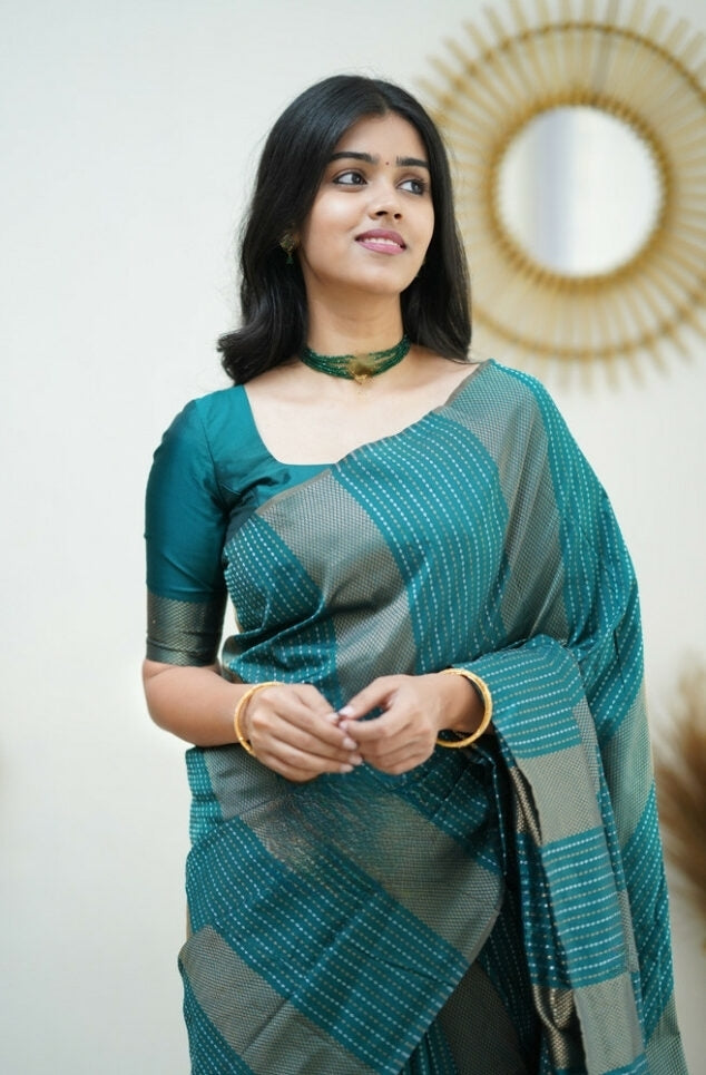 Women's Teal Green Linen Silk Saree with Woven Striped Design & Designer Tassel Pallu