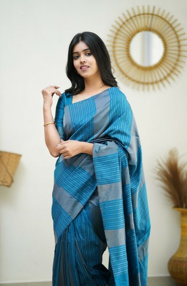 Women's Ocean Blue Linen Silk Saree with Woven Striped Design & Designer Tassel Pallu