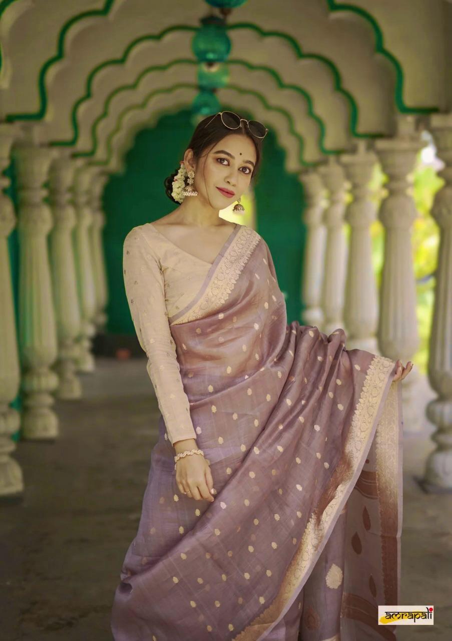 Women's Mauve Silk Saree with Golden Zari Border