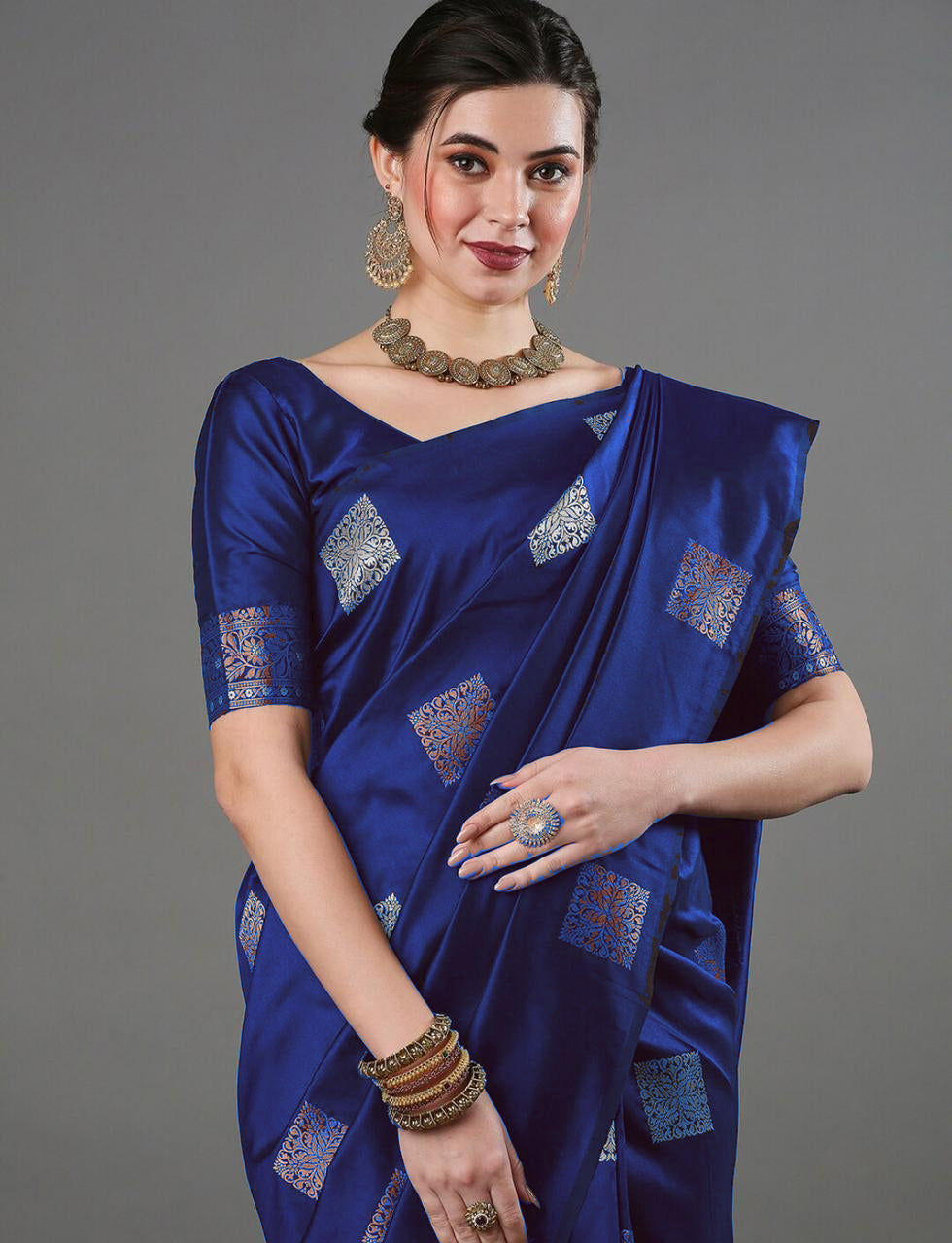 Royal Blue Banarasi Style Silk Saree with Rich Copper Zari Border