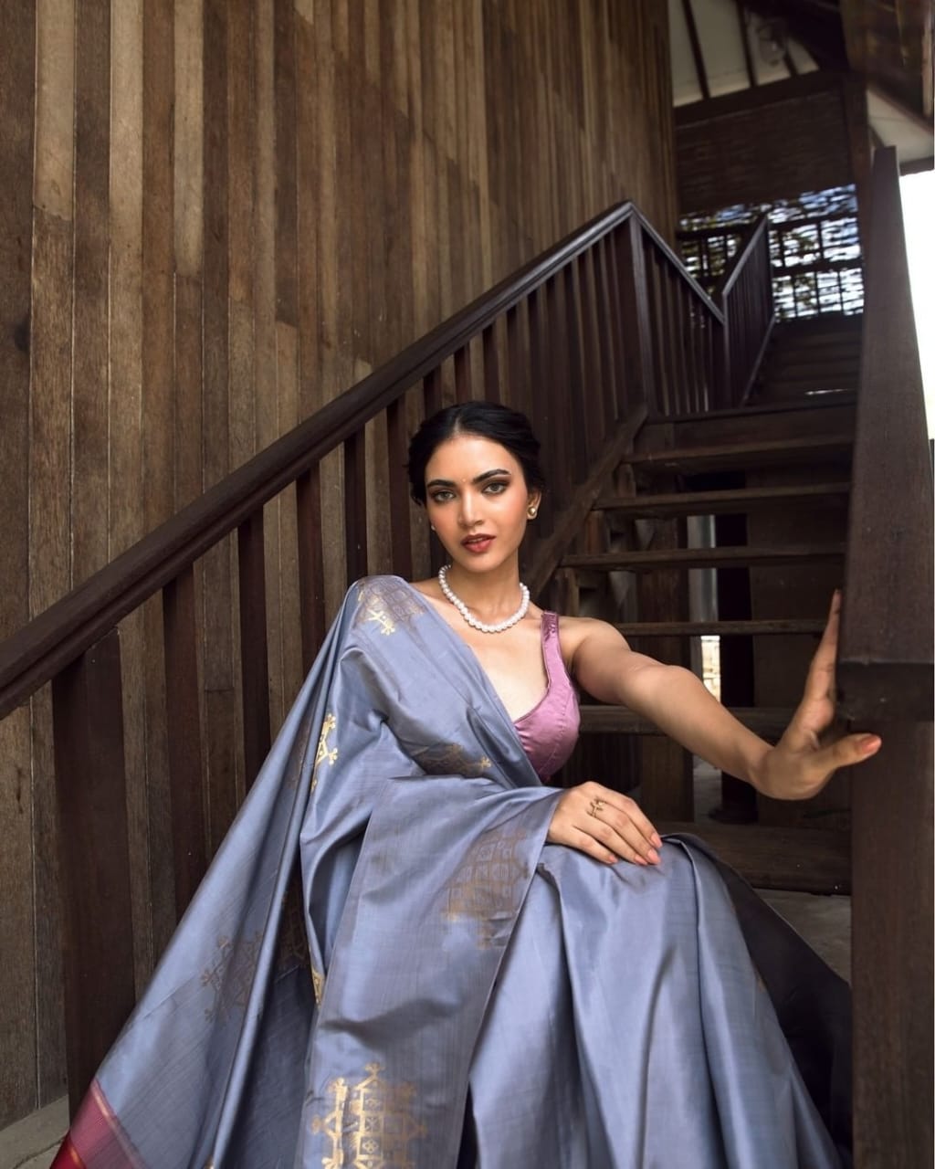 Elegant Steel Grey Silk Saree with Gold Motifs & Contrast Designer Pallu