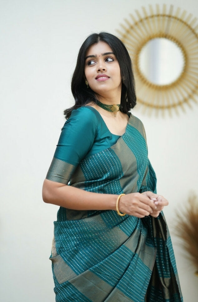 Women's Teal Green Linen Silk Saree with Woven Striped Design & Designer Tassel Pallu