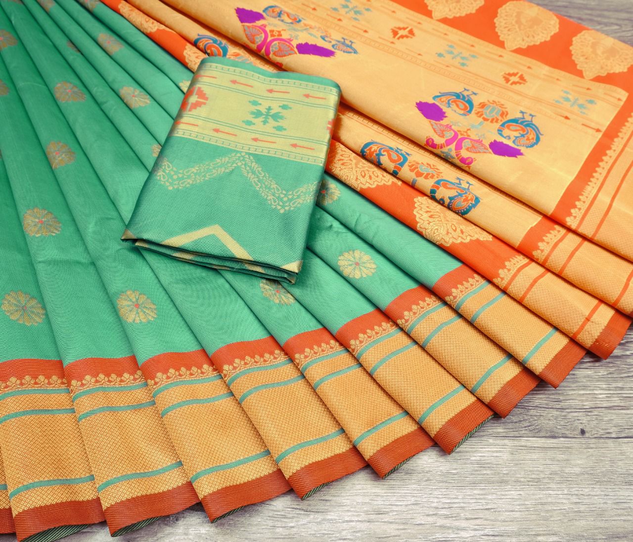 Aqua Green Kanjivaram Silk Saree with Orange Contrast Zari Border