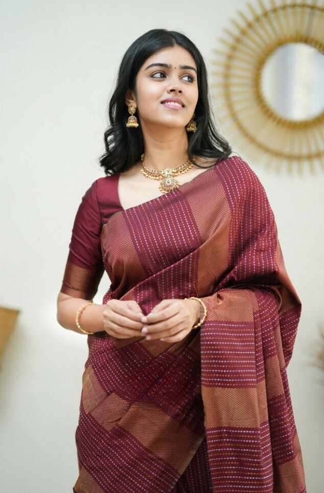 Women's Maroon Linen Silk Saree with Woven Striped Design & Designer Tassel Pallu