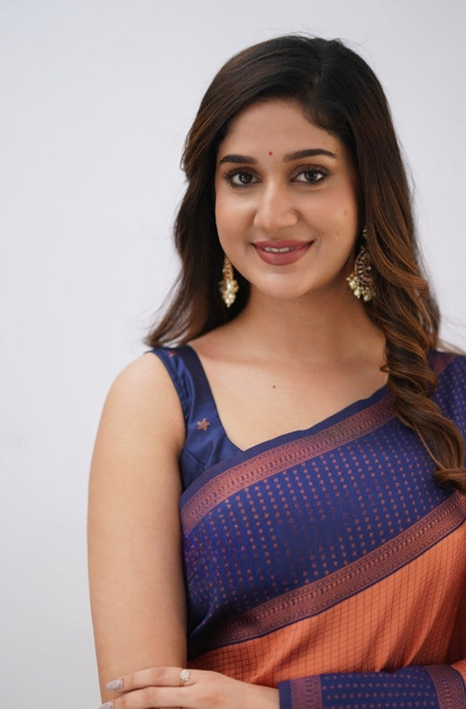 Peach & Royal Blue Soft Silk Saree with Elegant Contrast Border