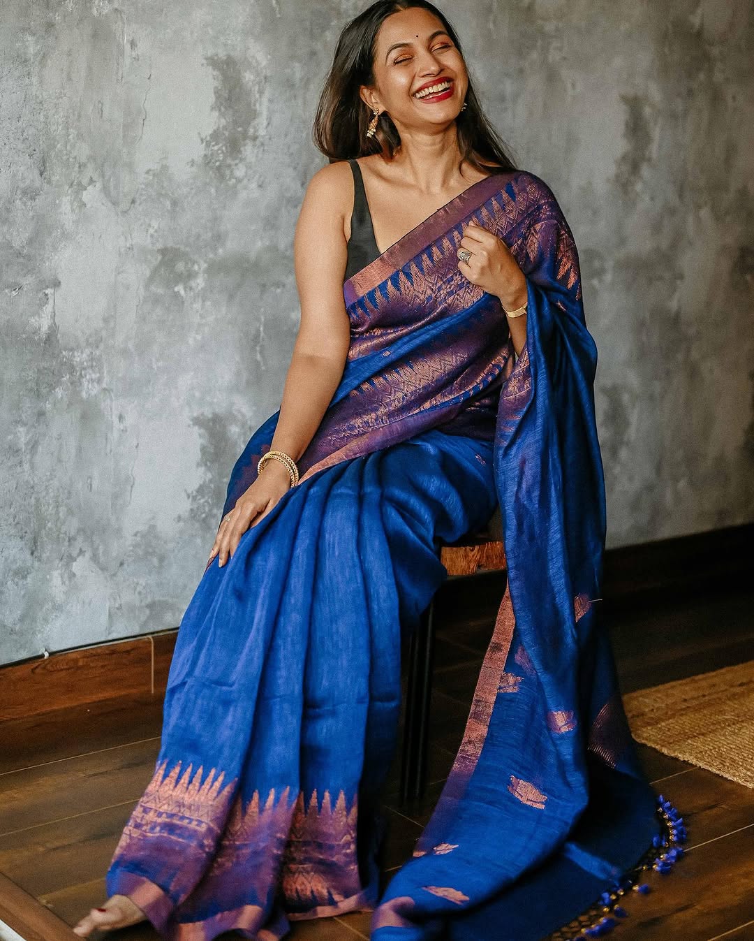 Women's Royal Blue Silk Saree with Copper Zari Border