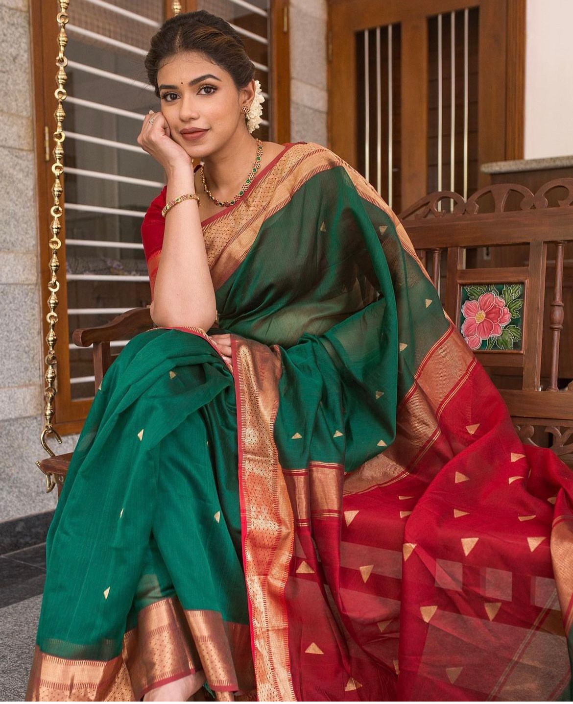 Emerald Green & Red Kanjivaram Silk Saree with Rich Golden Zari Border
