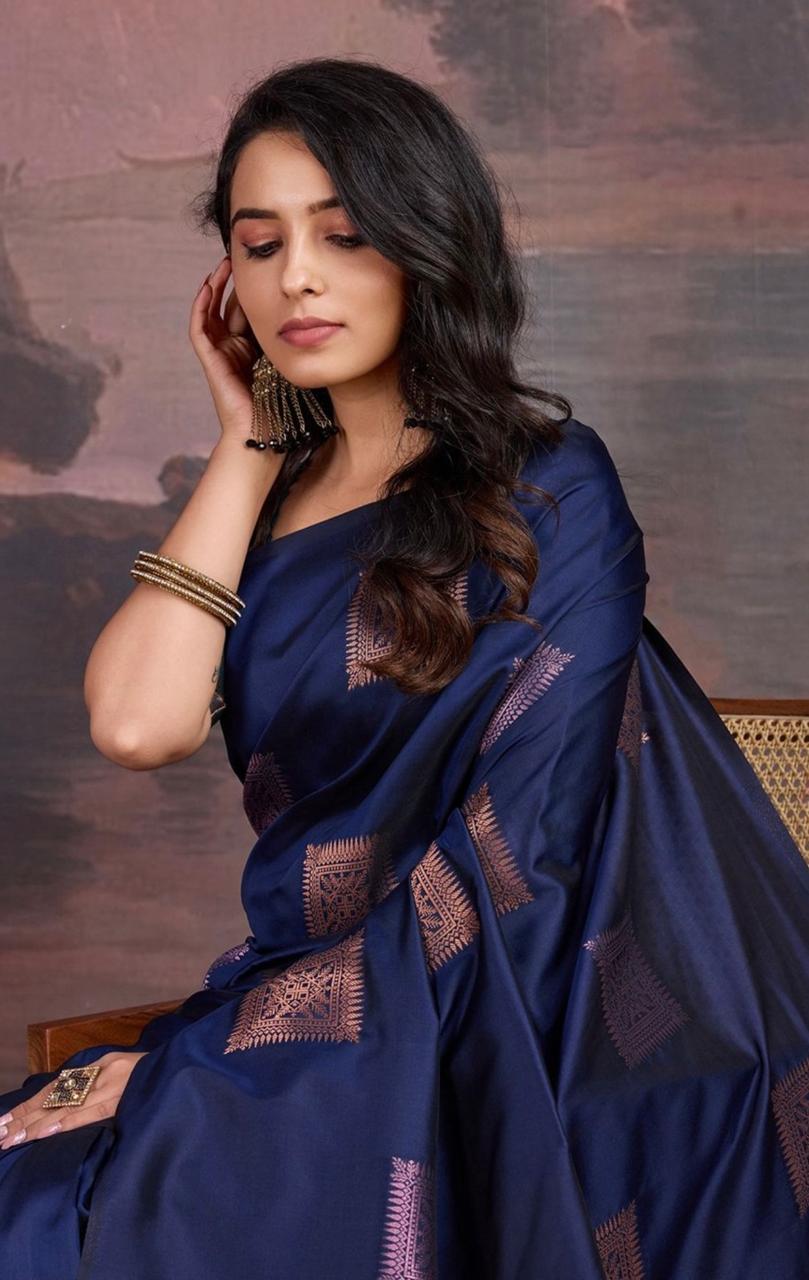 Women's Navy Blue Silk Blend Saree with Zari Woven Motifs & Rich Designer Border