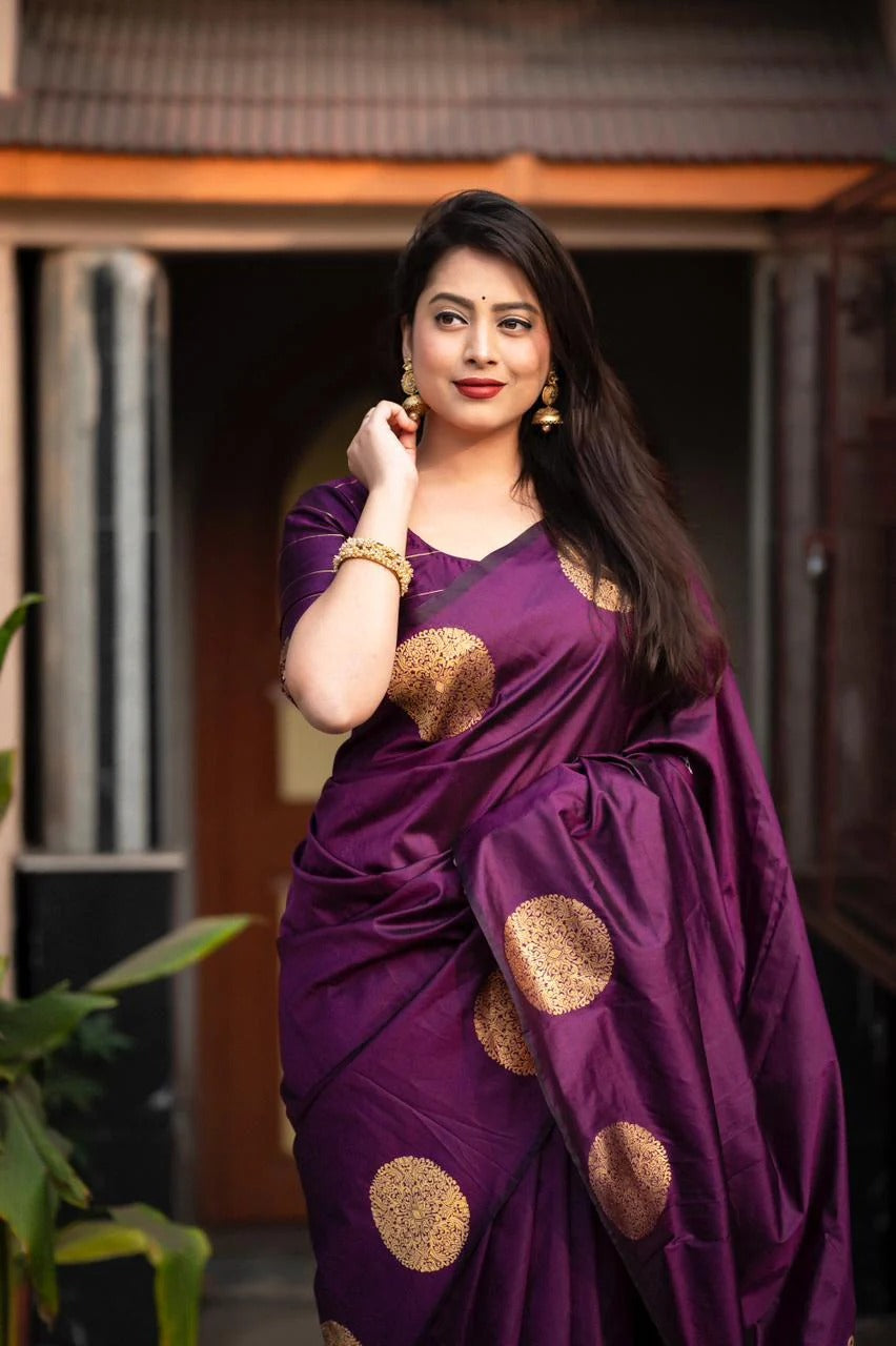 Elegant Wine Silk Saree with Gold Polka Motifs & Rich Designer Pallu