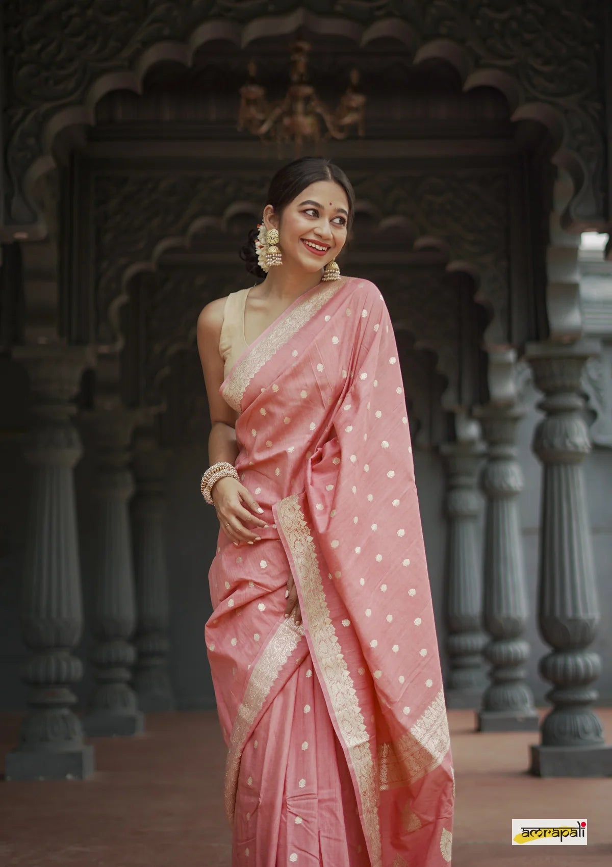 Women's Blush Pink Silk Saree with Golden Zari Border