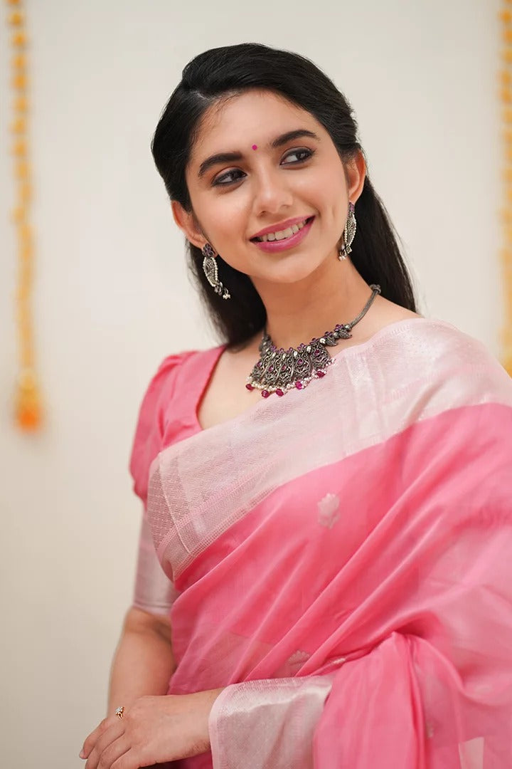 Women's Emerald Pink Saree with Silver Zari Border