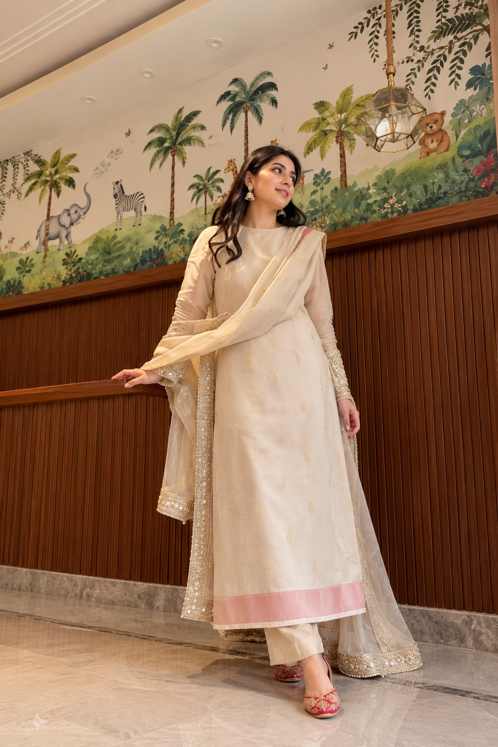 Ivory Gold Embroidered Straight Kurta Set with Dupatta for Women