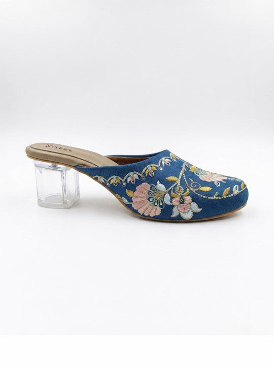 Women's Blue Floral Embroidered Transparent Block Heel Mule Sandals