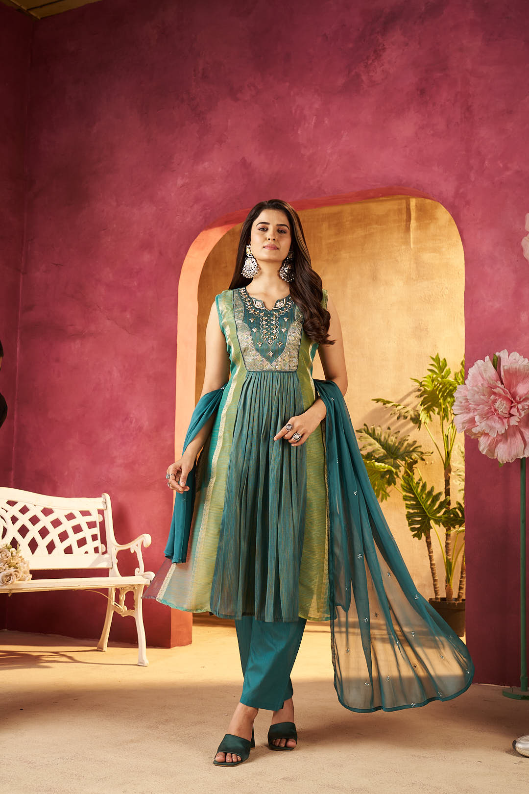 Teal Green Embroidered Sleeveless Kurta Set with Matching Dupatta