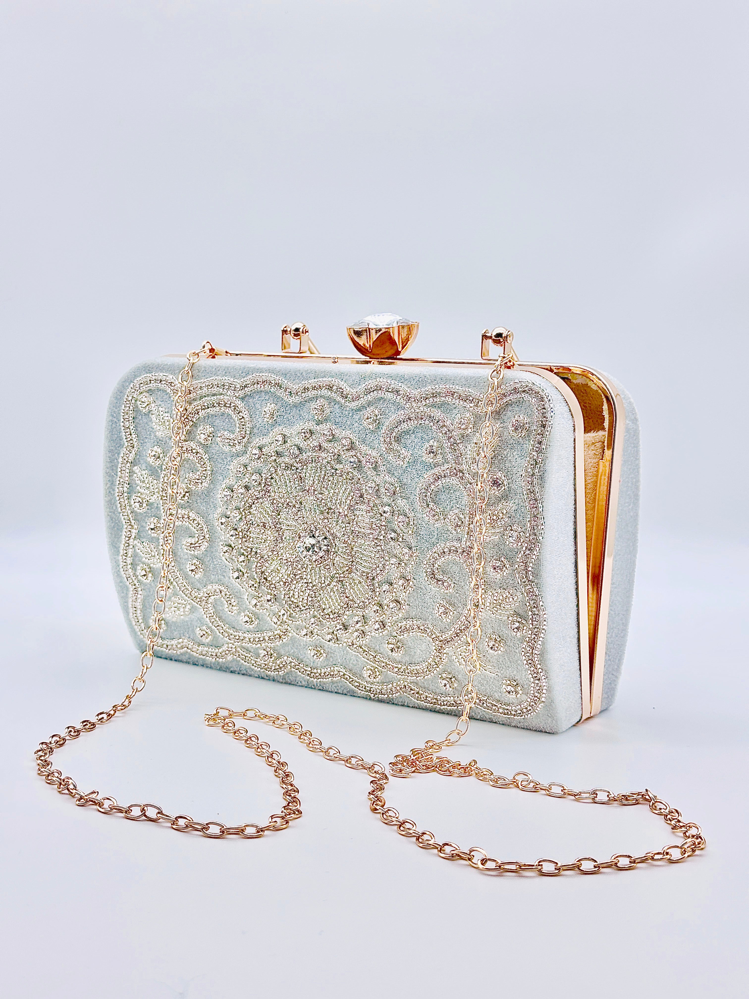 Handcrafted Velvet & Pearl Embellished Designer Gray Clutch