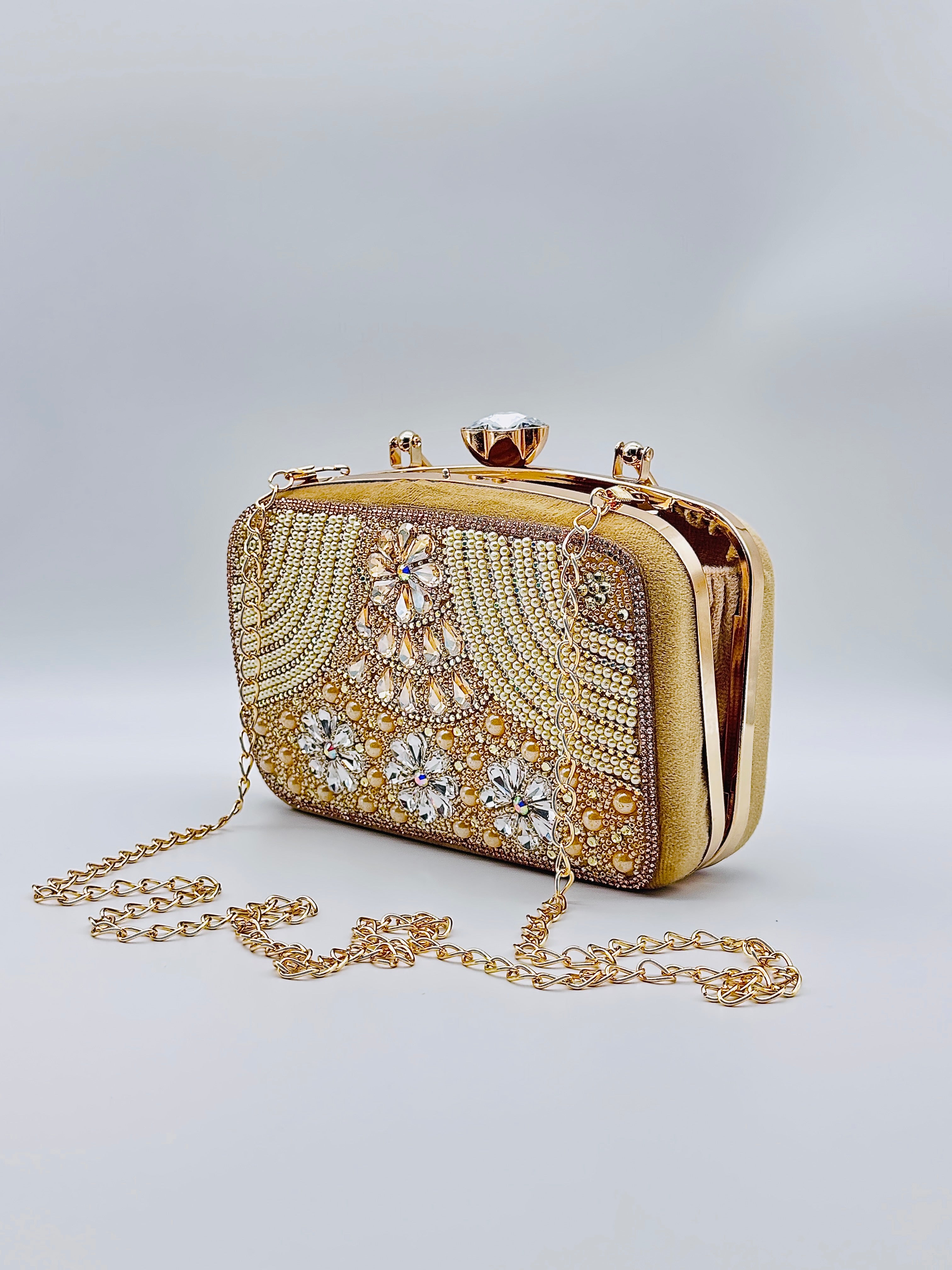 Handcrafted Crystal & Pearl Embellished Designer Golden Clutch