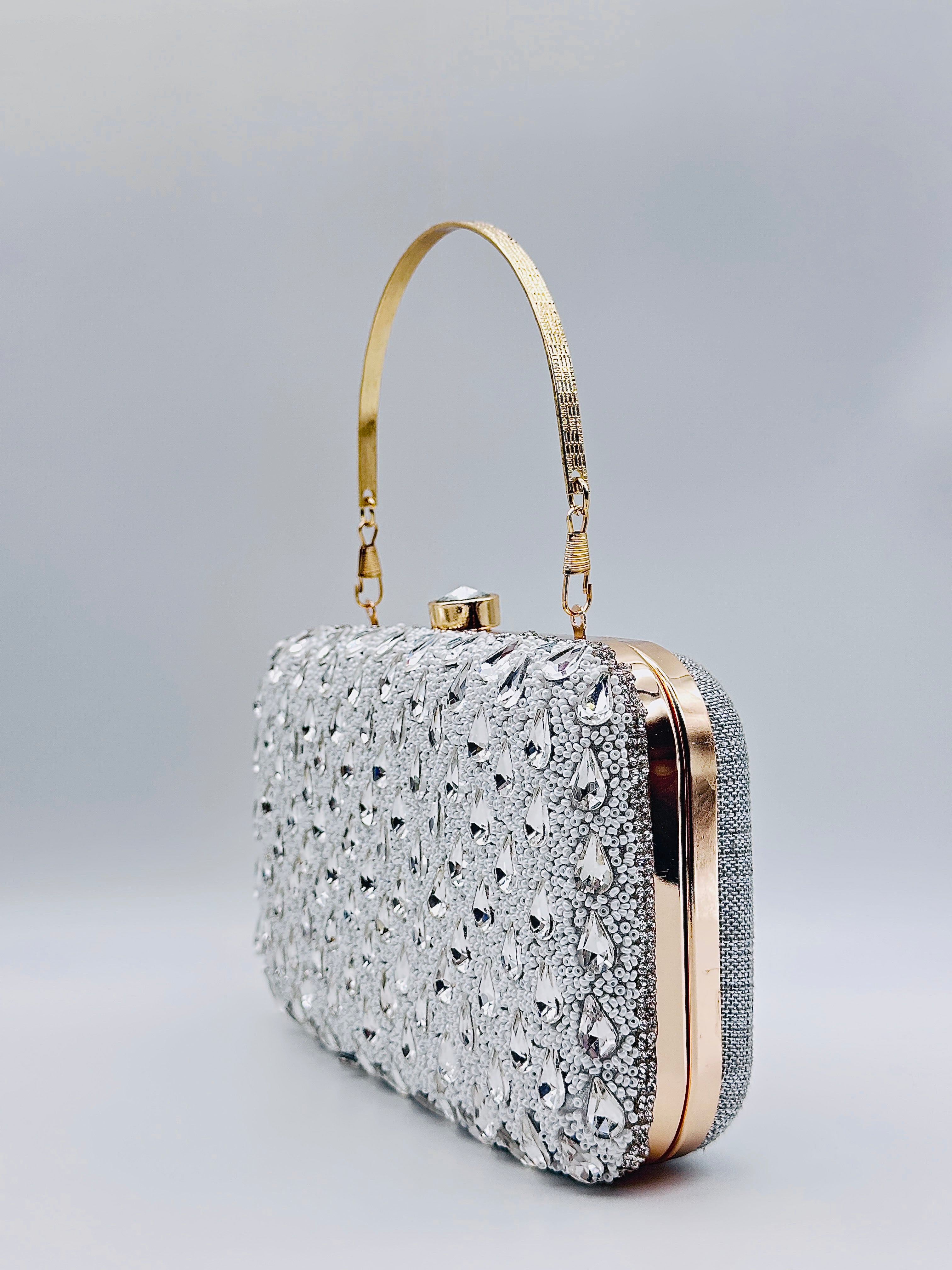 Handcrafted Crystal Embellished Evening Silver Clutch