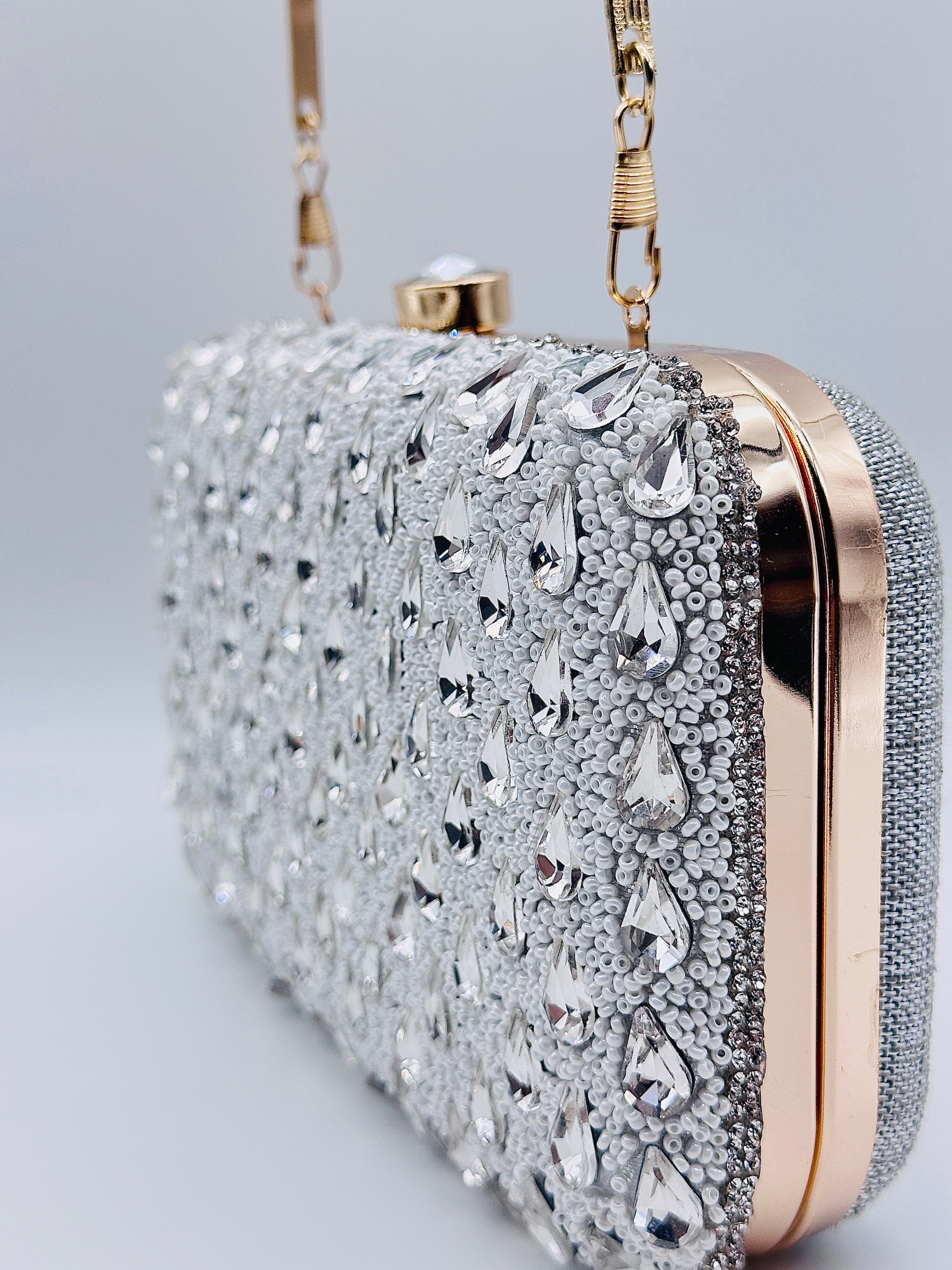 Handcrafted Crystal Embellished Evening Silver Clutch