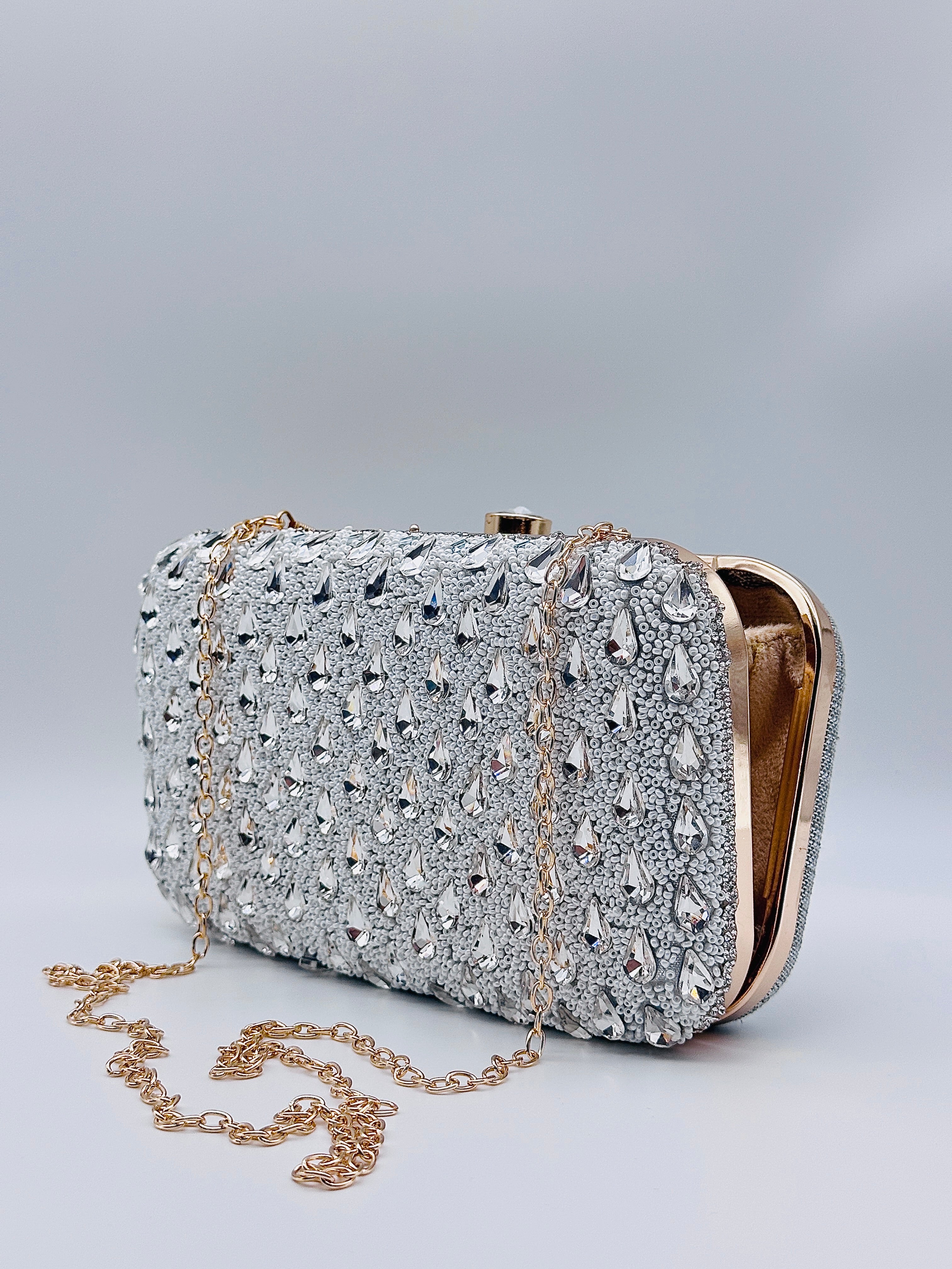 Handcrafted Crystal Embellished Evening Silver Clutch