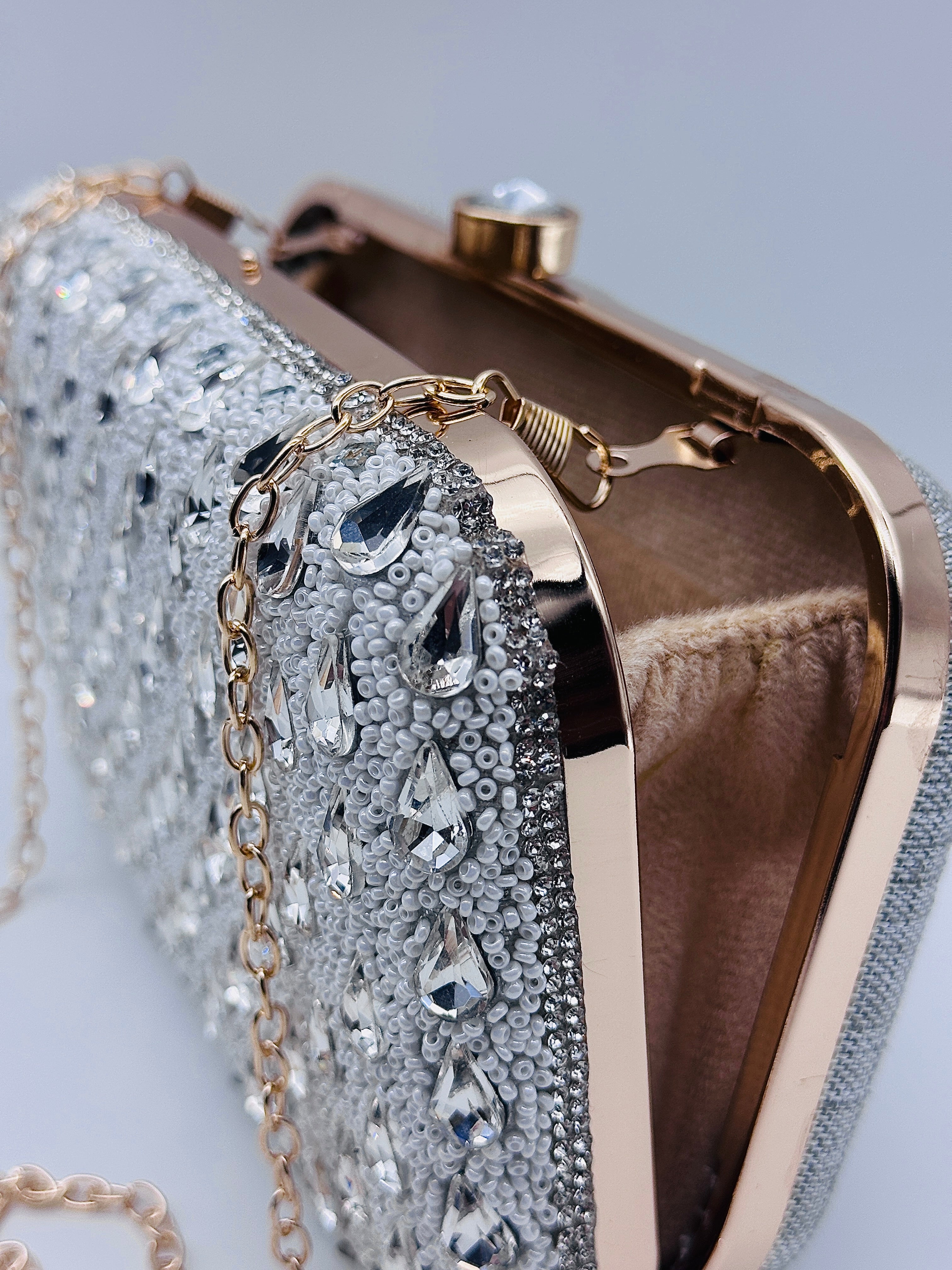 Handcrafted Crystal Embellished Evening Silver Clutch