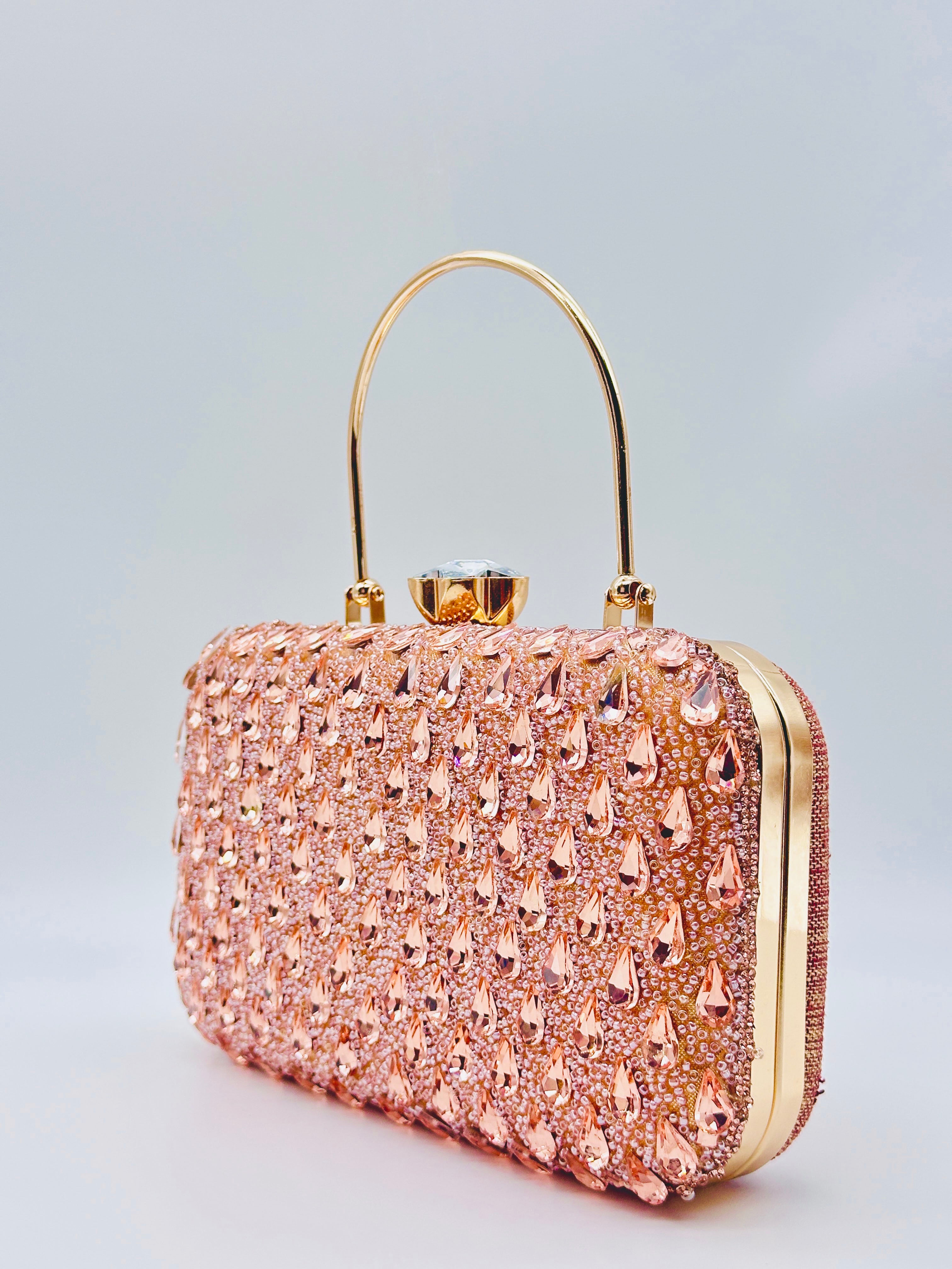 Rose Gold Handcrafted Crystal Embellished Party Clutch